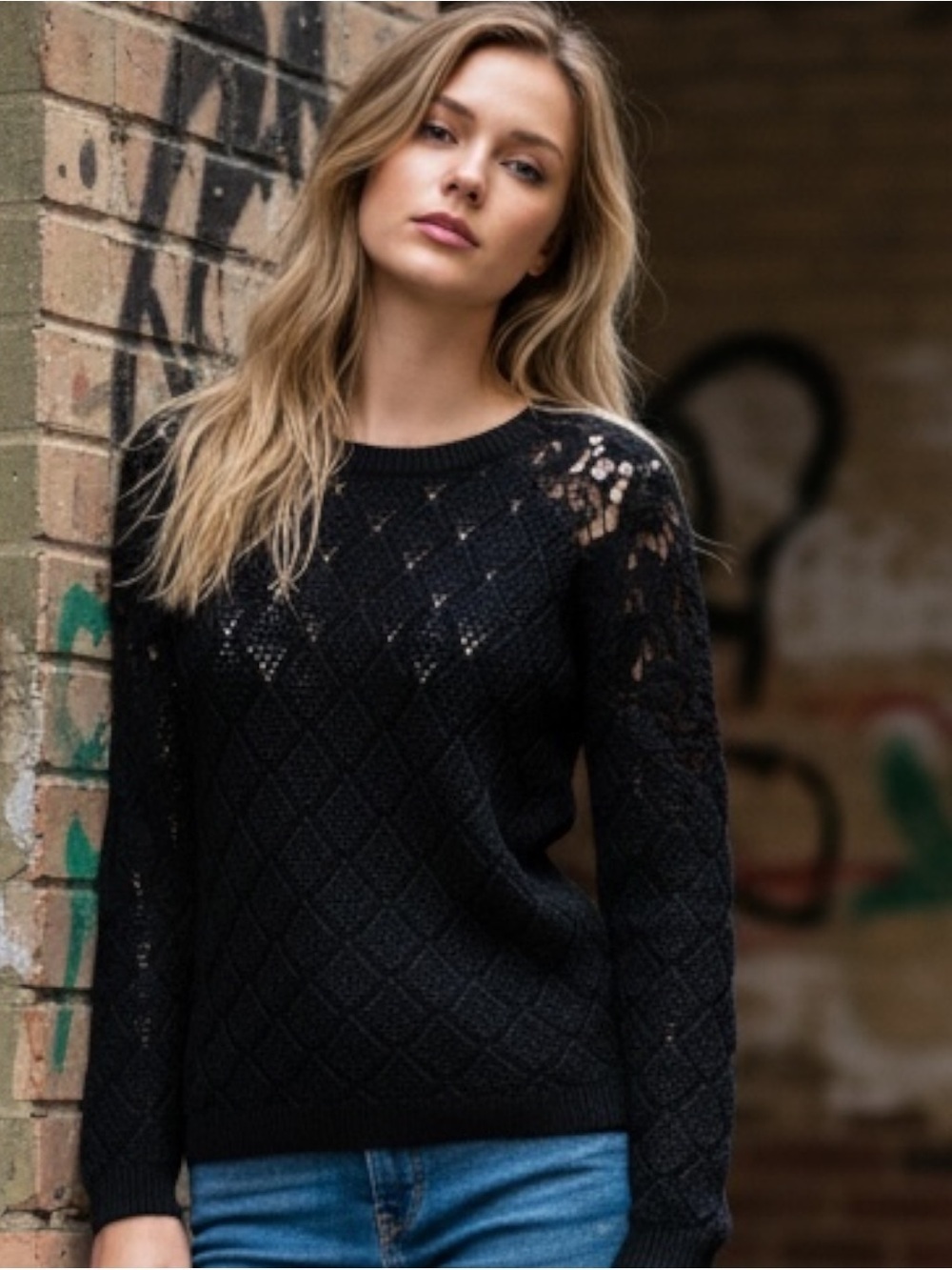 Black Lace Pointelle Pullover Sweater S Open Knit Fitted Y2K Grunge Goth